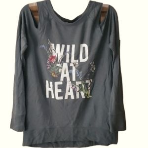 Express Womans Cold Shoulder WILD AT HEART Floral Long Sleeve Olive Top‎ Size S